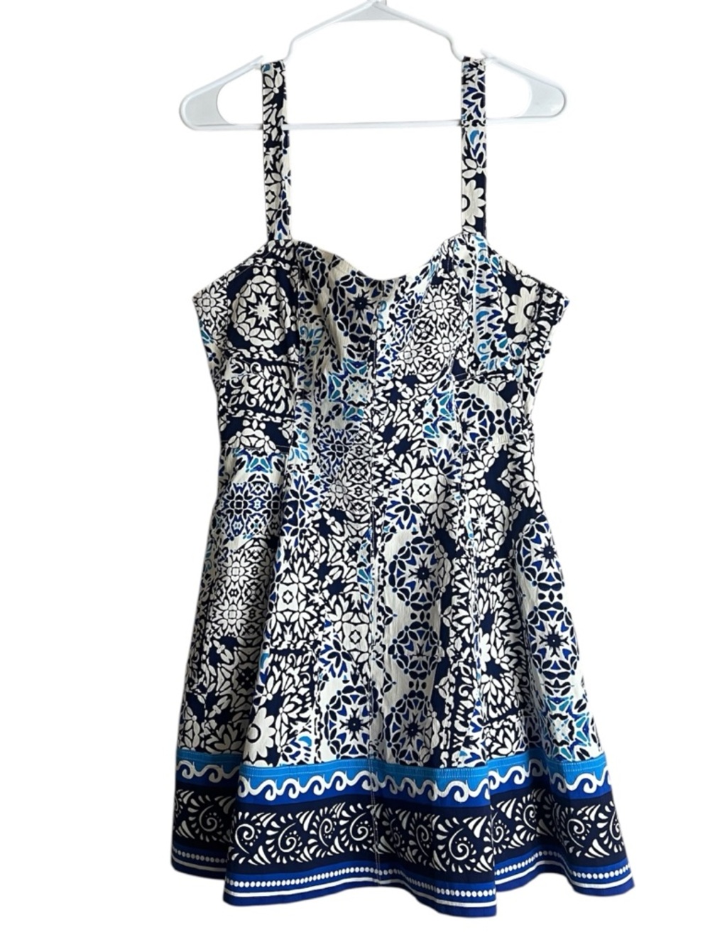 Avec Les Filles Blue and White Floral Sweetheart Neckline Mini Sun Dress Sz 14 - Picture 2 of 16